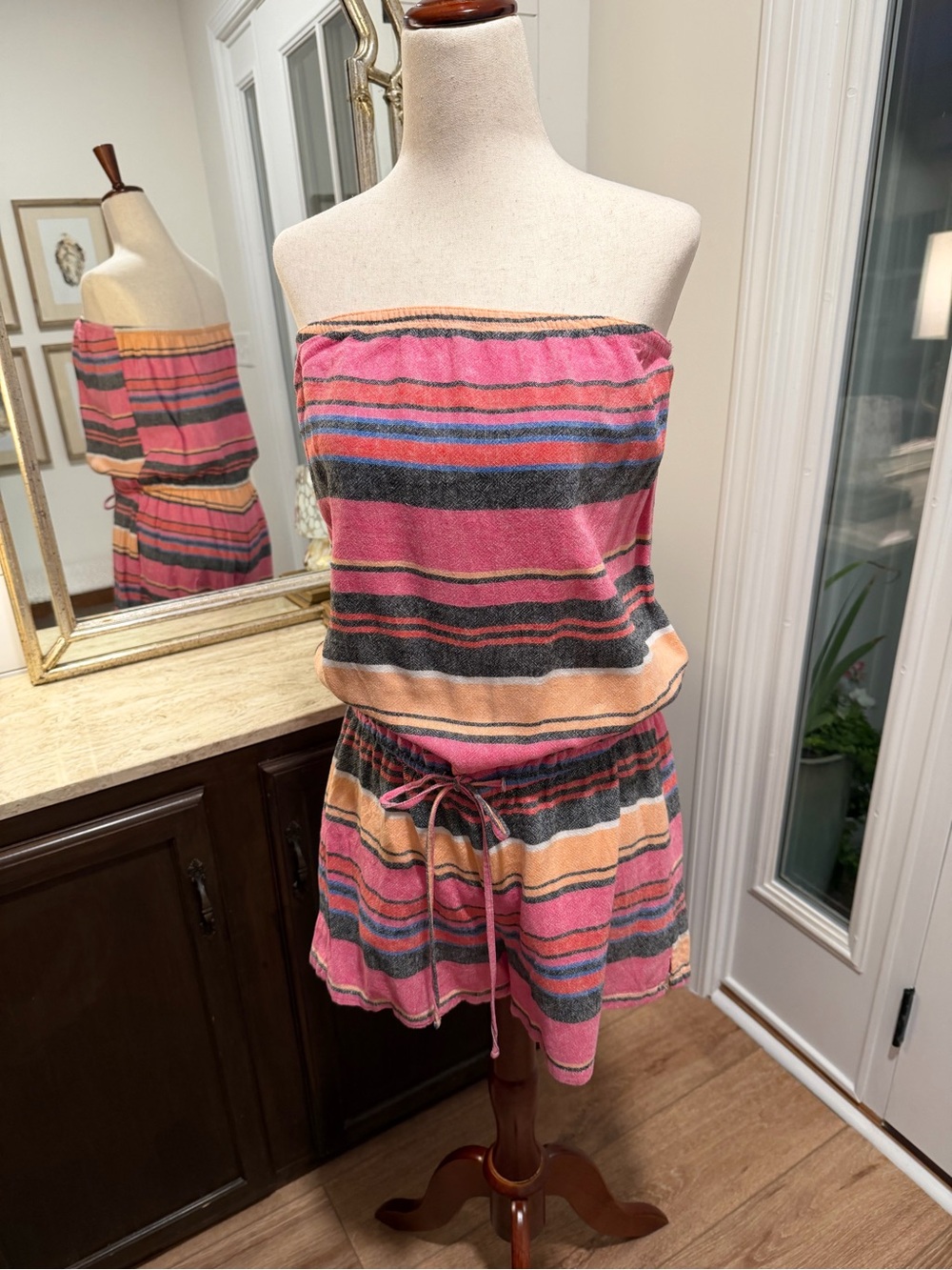 Striped Strapless Linen Romper in Pink and Peach
